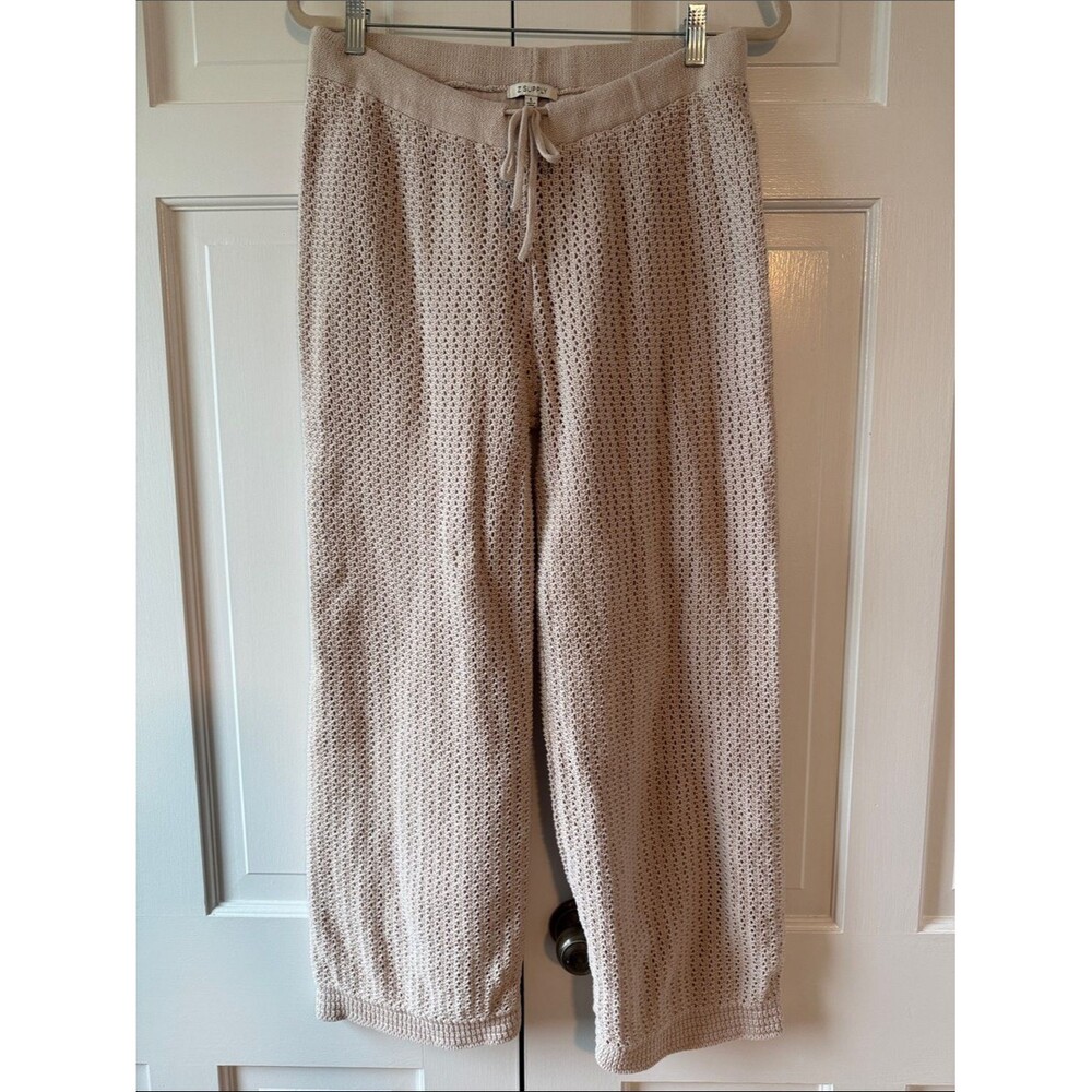 Z Supply Beige Open Pointelle Crochet Knit Drawstring Pull On Pants Large Cotton